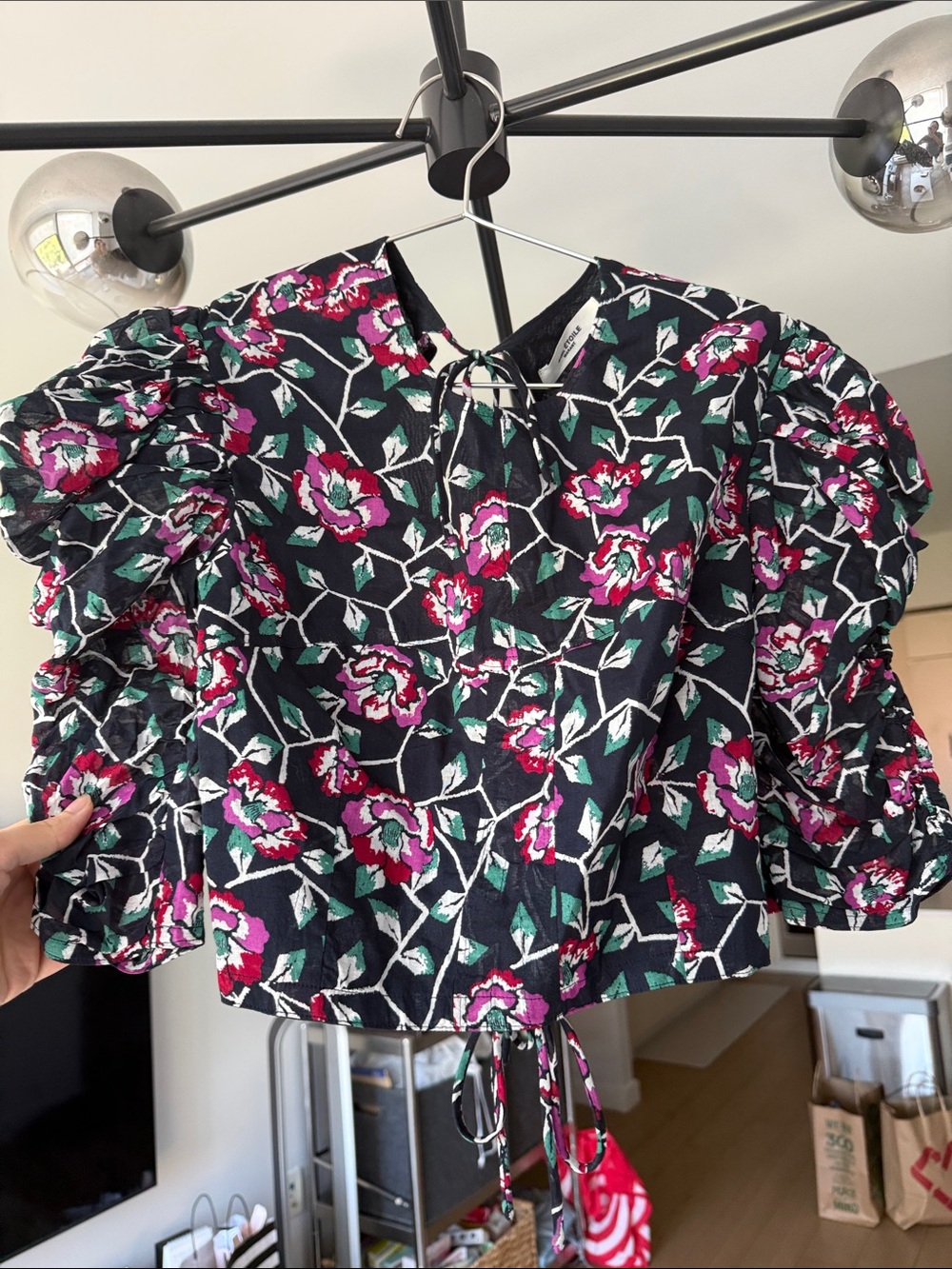 Isabel Marant Floral Puff-Sleeve Top - Black with Pink/Red/Green Floral